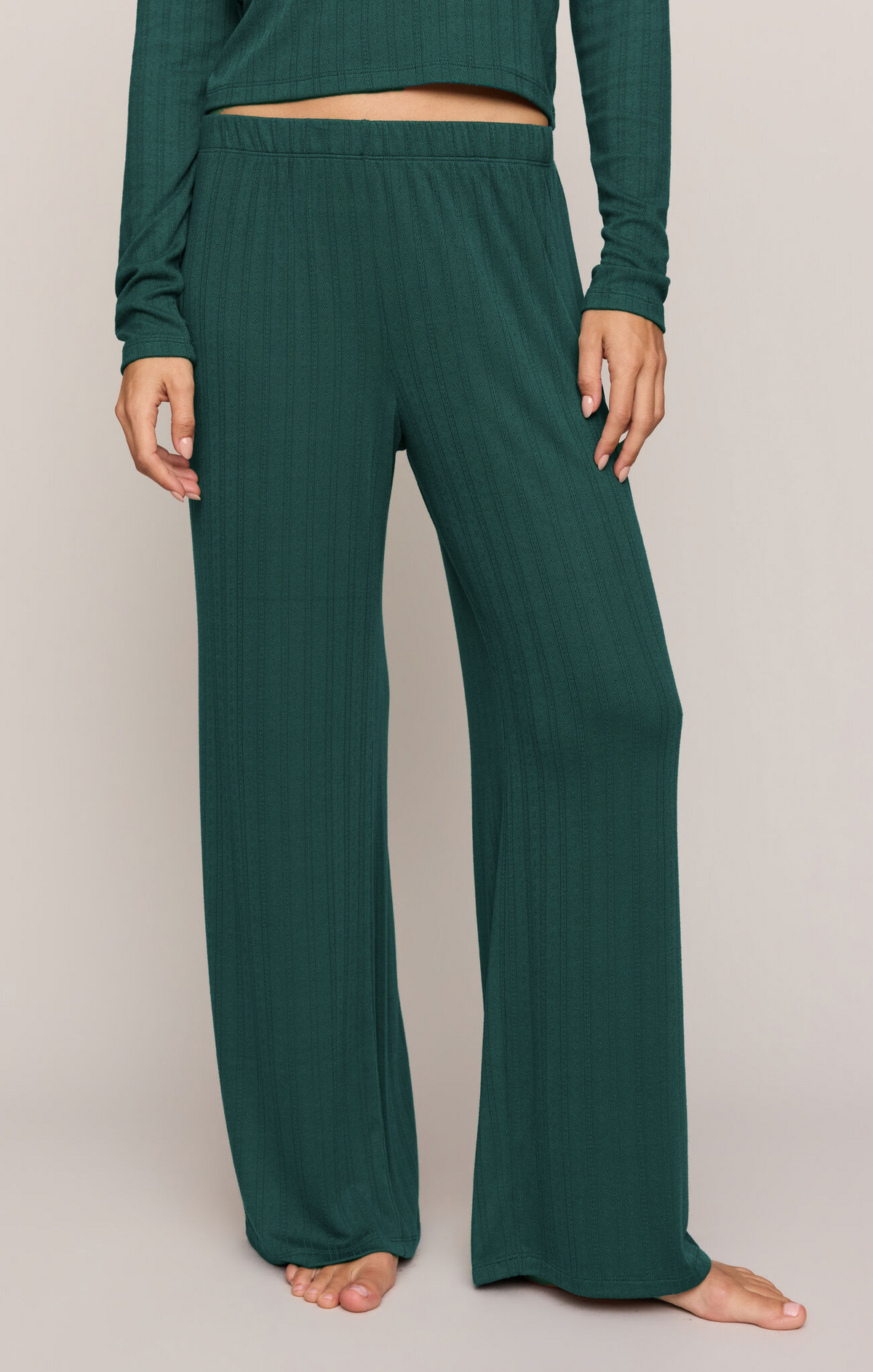 Green velvet knit pants with elastic waistband, wide straight legs, relaxed drape