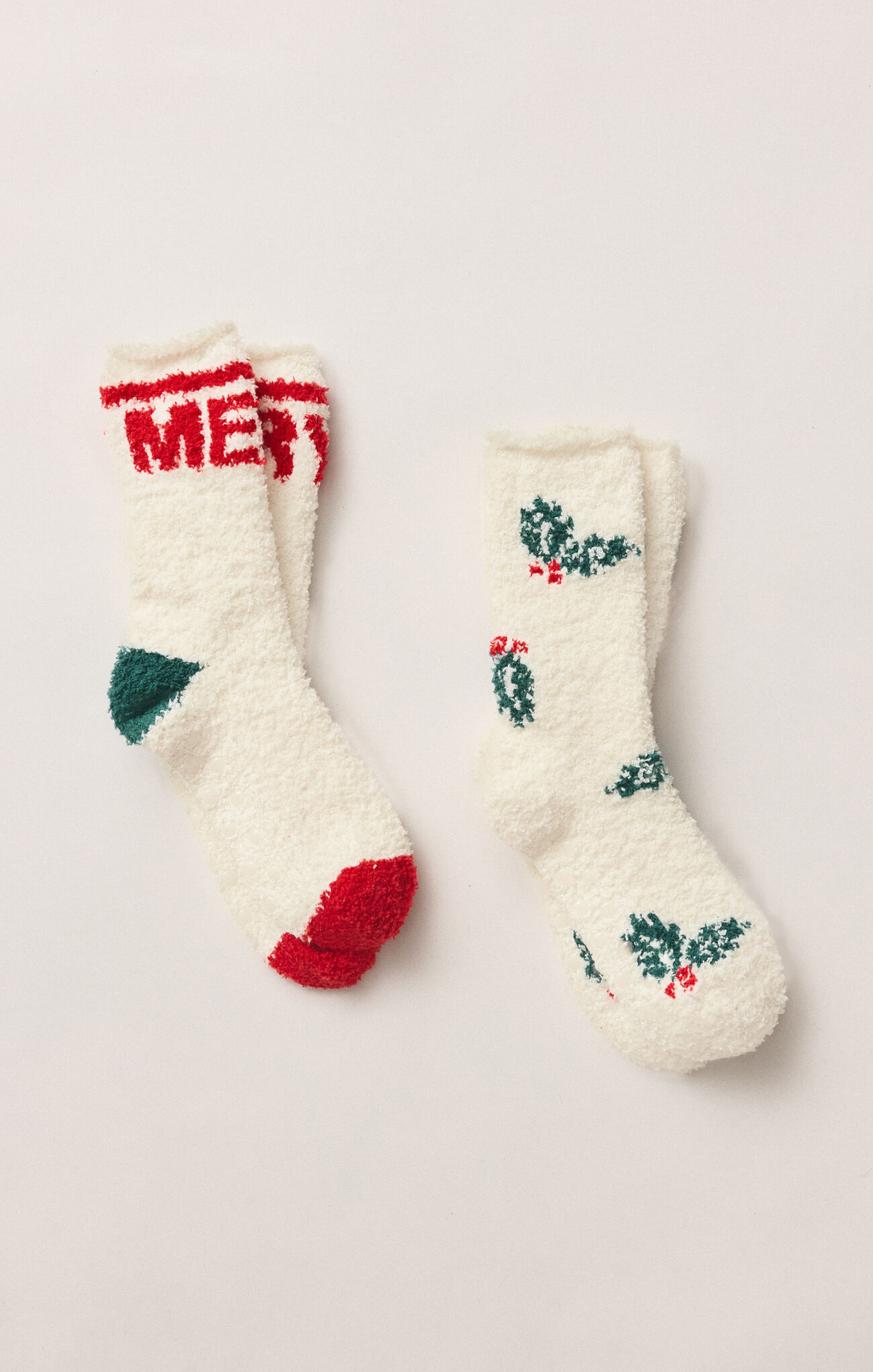 Vanilla ice merry socks set, two cream crew socks with “MERRY” and tree motifs