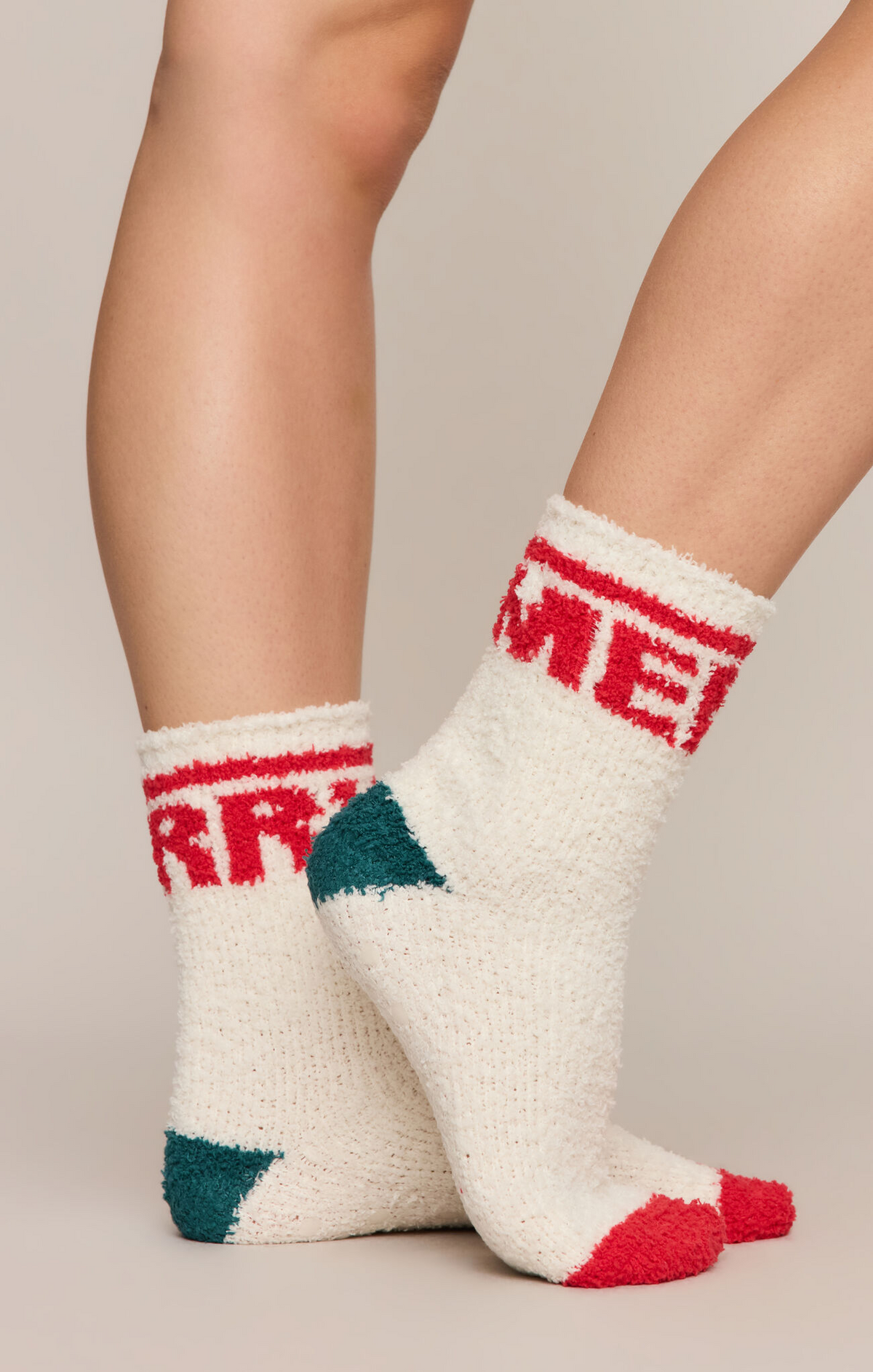 Vanilla ice merry socks set, cream crew socks with red “MERRY” text and green trees