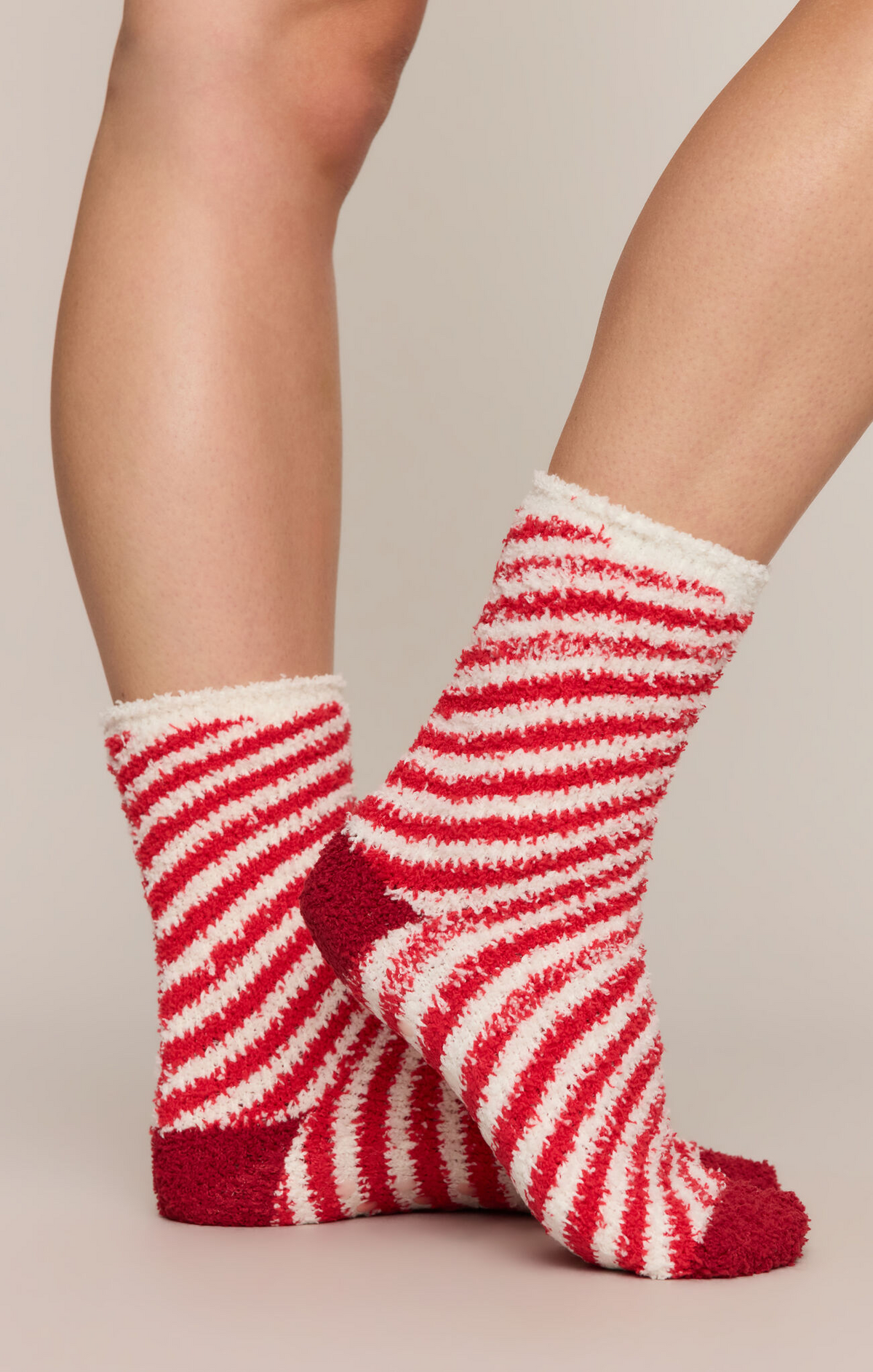 Candy cane socks, cream knit with red stripe pattern and ribbed cuffs