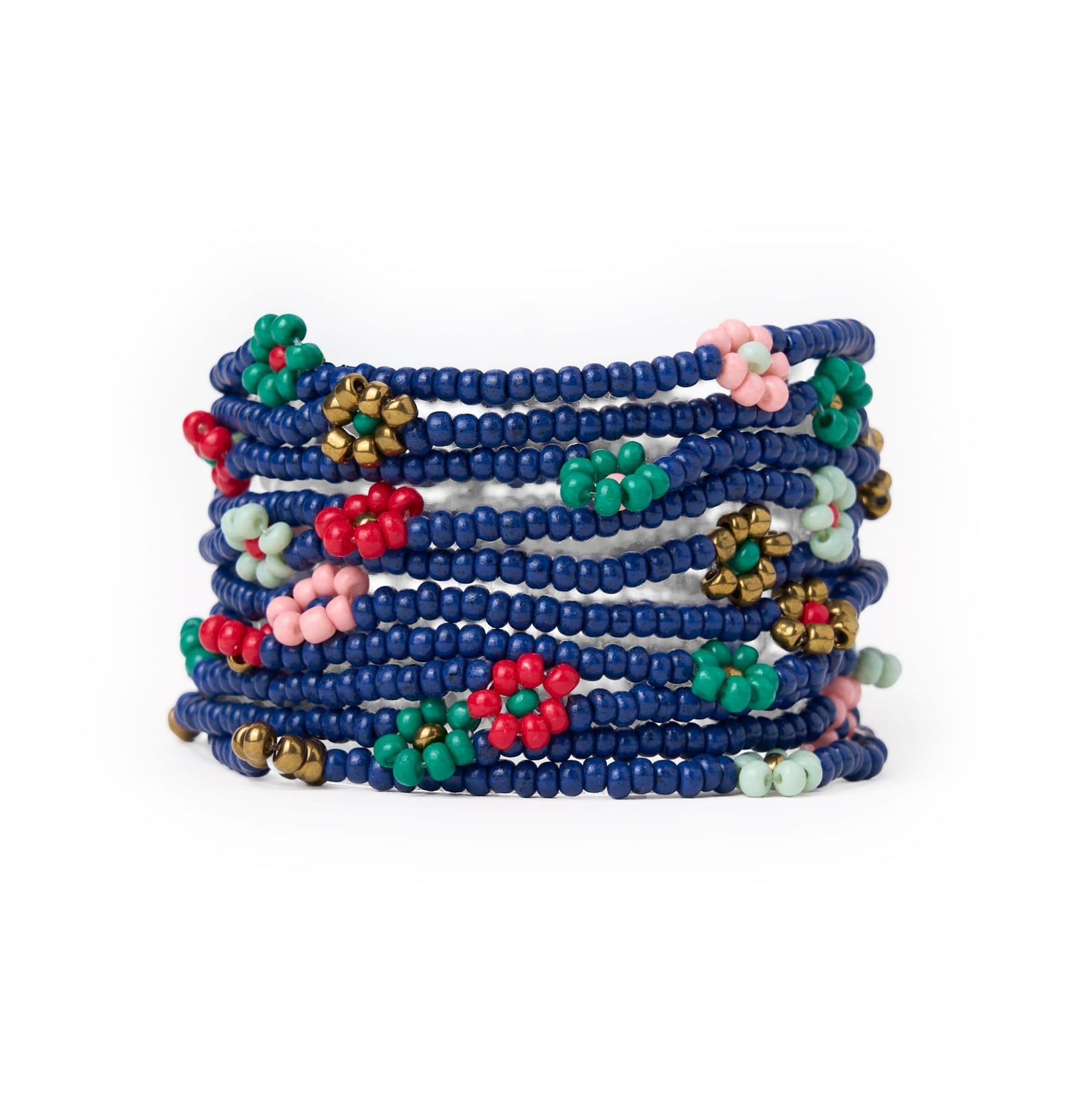 Sage Flower Beaded Stretch Bracelet Set - Navy