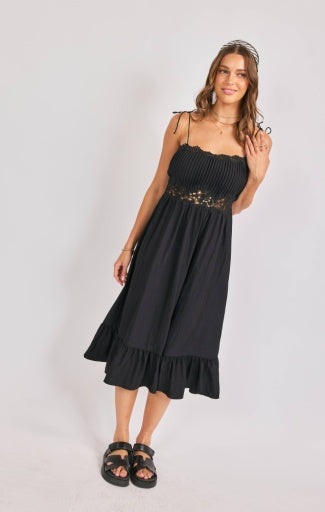 Night Bloom Pintuck Lace Midi Dress