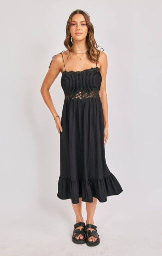Night Bloom Pintuck Lace Midi Dress