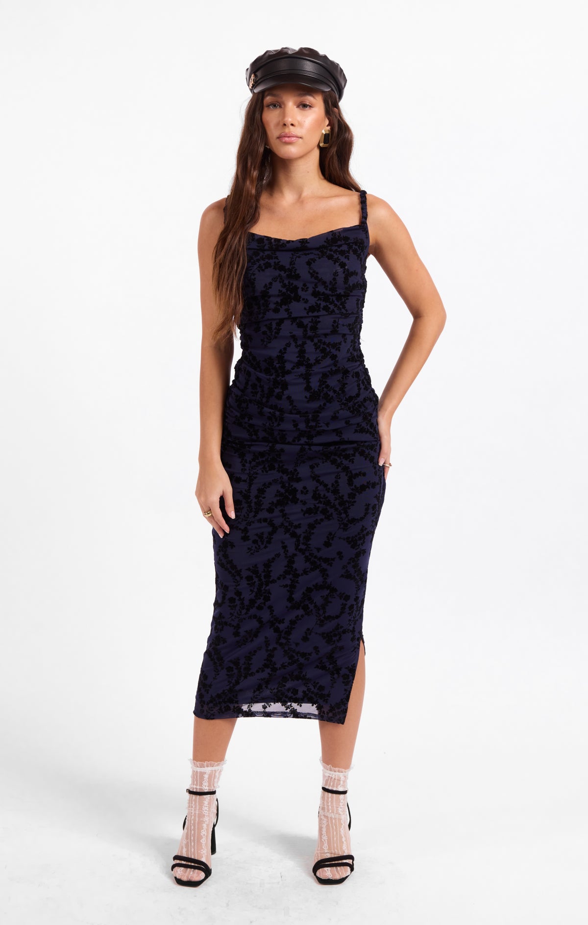 Ruched midi dress with spaghetti straps, dark floral print