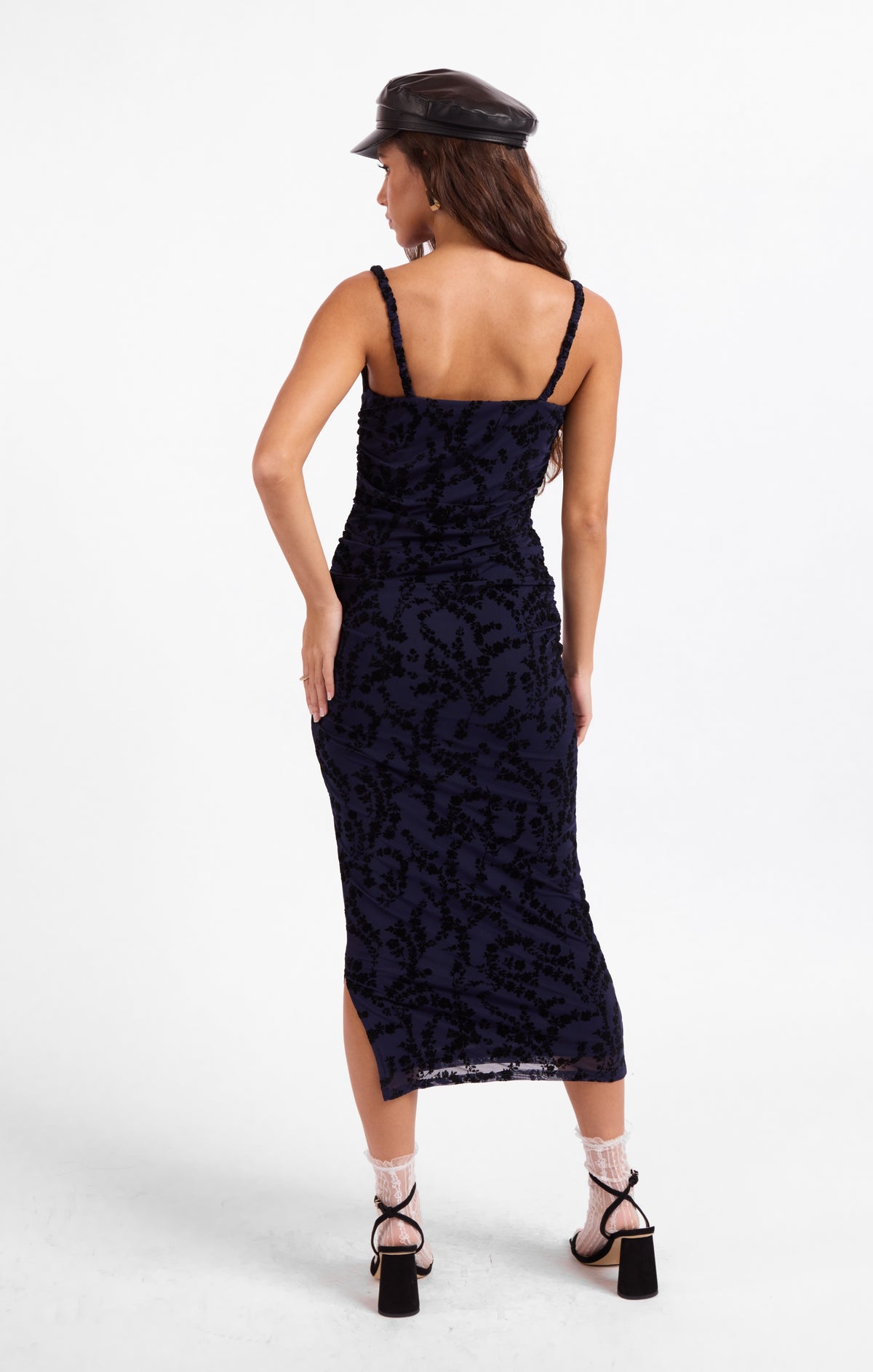 Ruched midi dress with back spaghetti straps, dark floral print