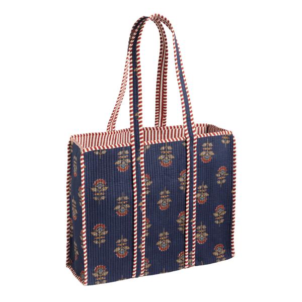 Navy block print tote bag with red and white striped handles and side panels