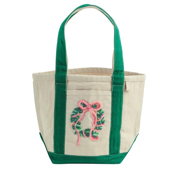 Green mini tote bag with embroidered beaded holiday figure on front panel