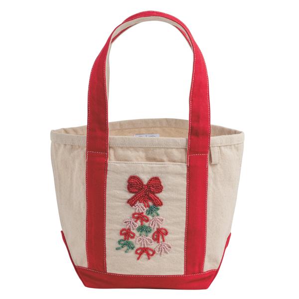 Red mini tote bag with embroidered beaded holiday wreath bow design on front