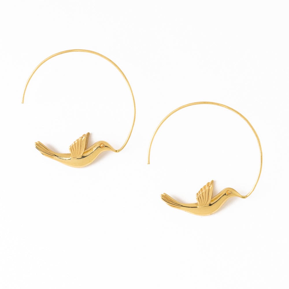 Wren Bird Brass Hoop Earrings