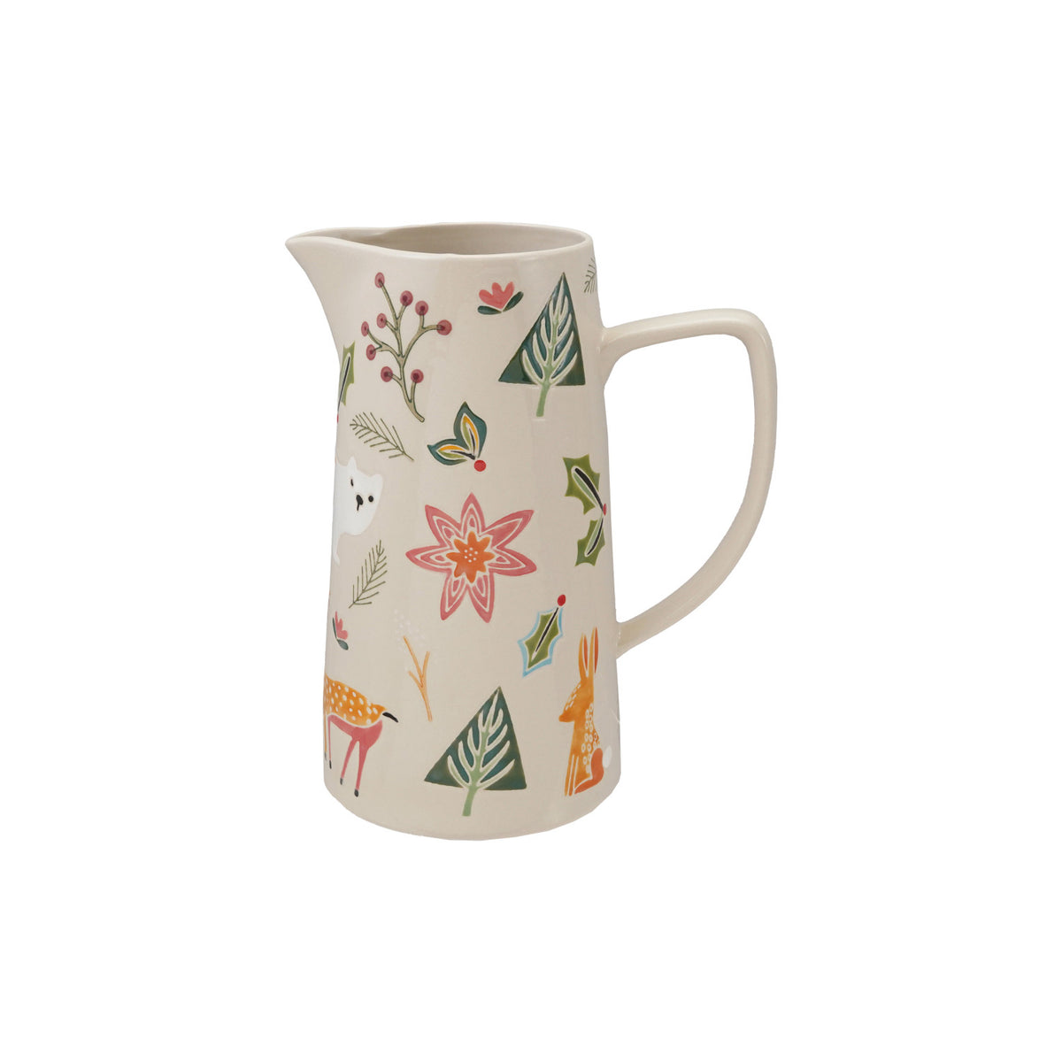 Ceramic stoneware pitcher with colorful animal and botanical relief design, cream finish