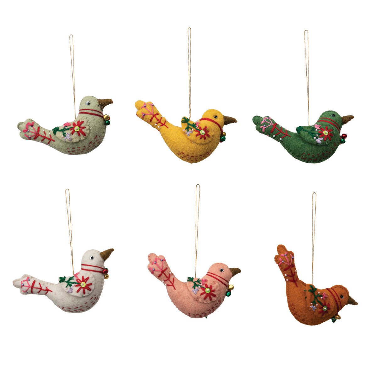 Set of felt bird ornaments with flower details, each with hanging string