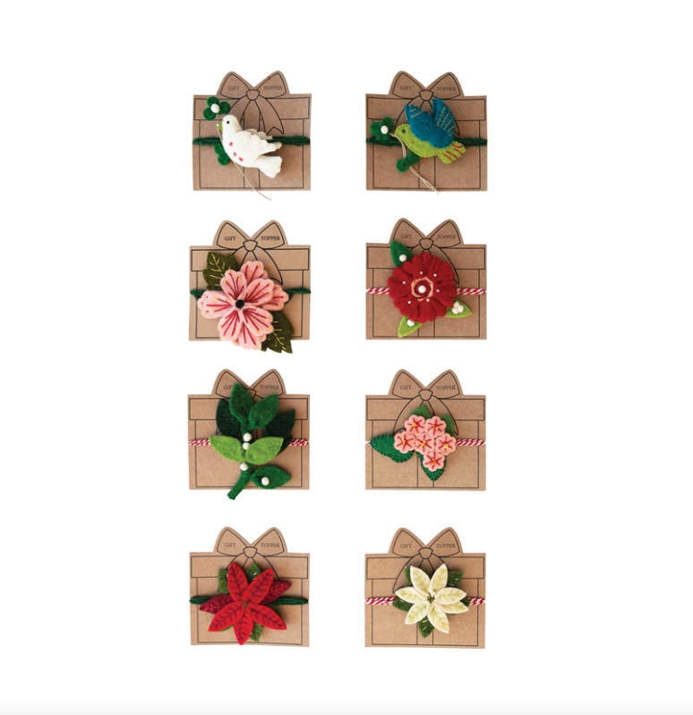 Handmade wool felt gift topper assortment on kraft tags with bird, holly, and flowers