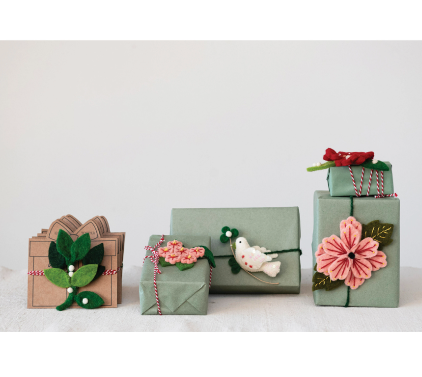 Handmade wool felt gift topper set with bird, holly leaves, and pink flowers